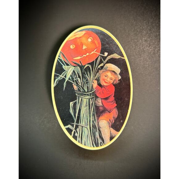 Oval Candy Gift Boxes VTG Plastic - Nostalgic MCM Graphics Set of 2, Made In USA - Picture 3 of 8